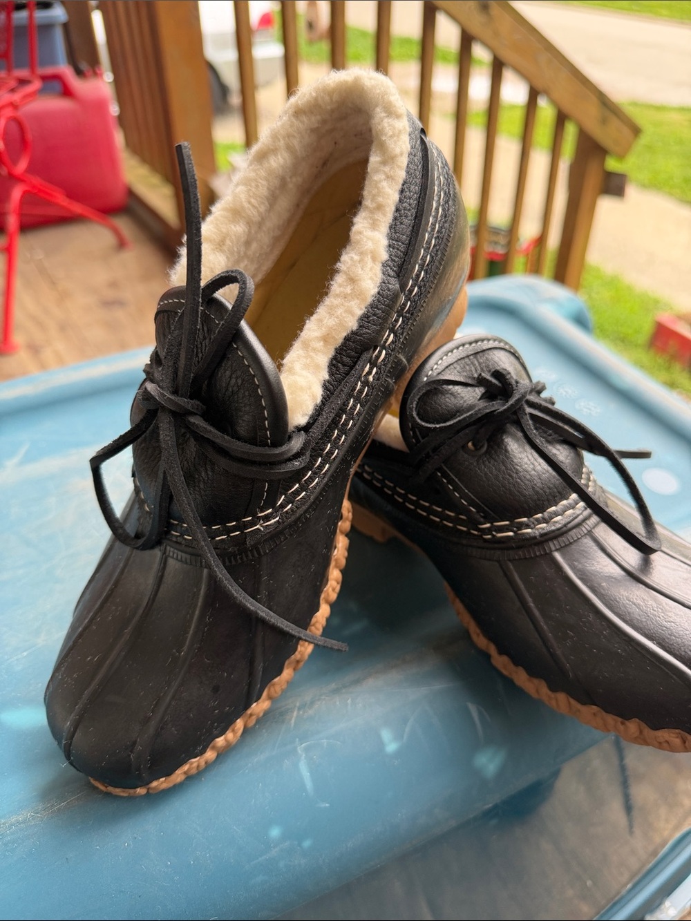 L.L. Bean Black Leather Shearling-Lined Duck Boots with Tan Soles